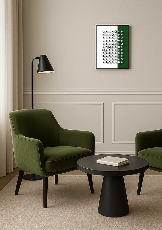 Affiche tons verts dans un salon épuré