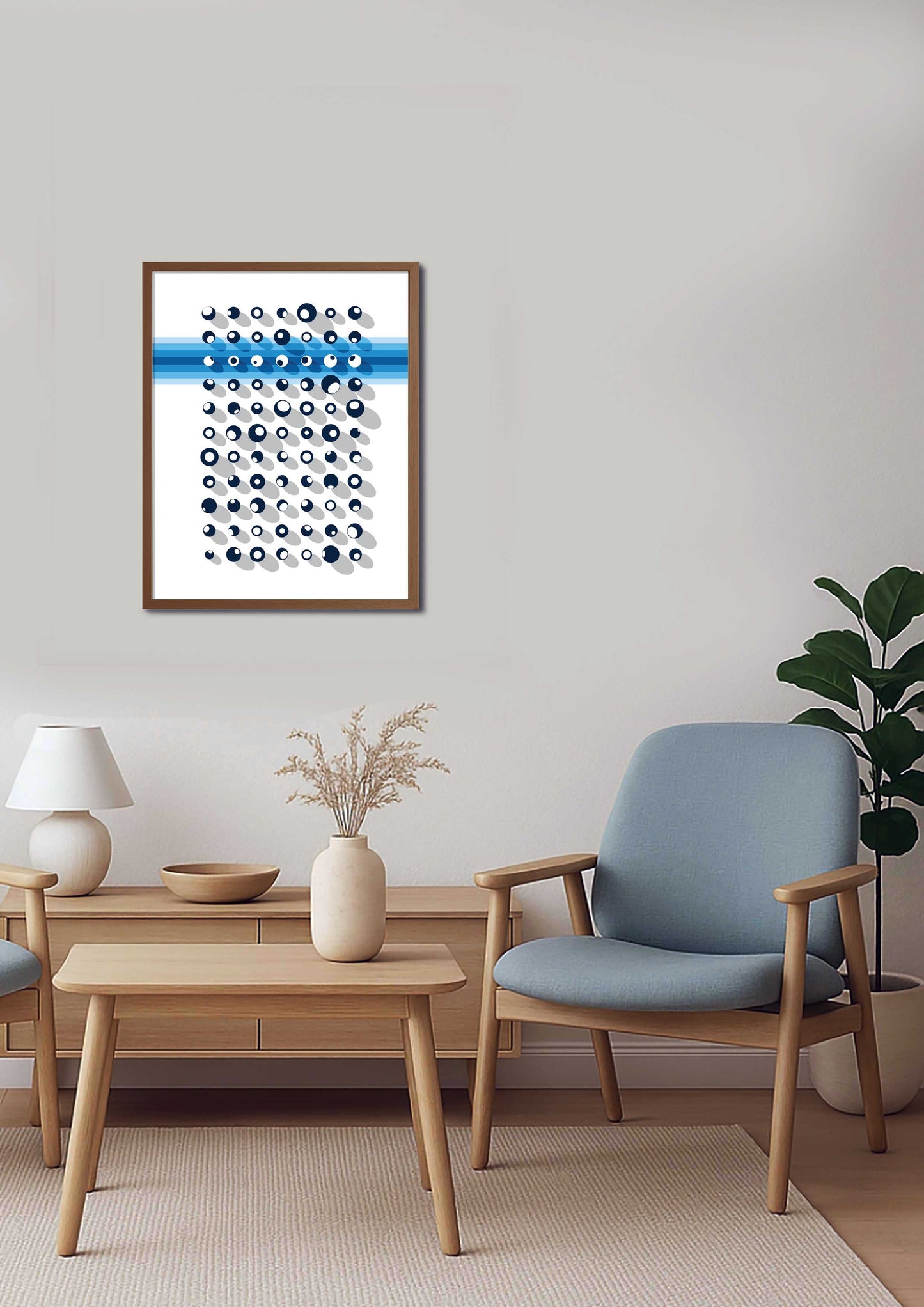 Poster en nuance de bleu encadré dans un univers déco scandinave