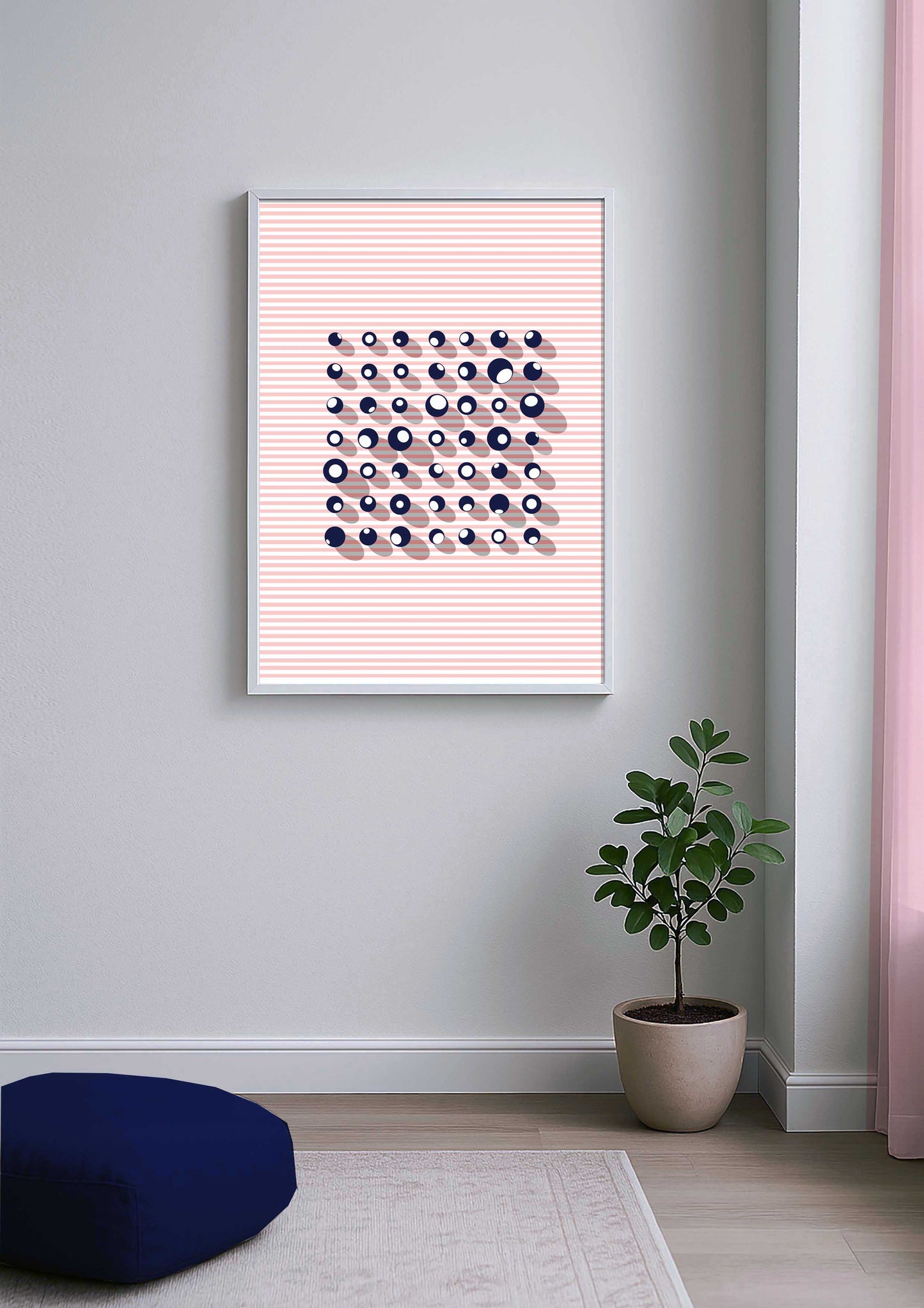 Décoration intérieure : sphères et mouvement reporté en tons rose, blanc, bleu nuit