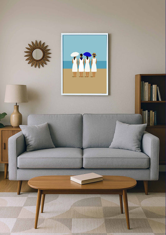 œuvre murale contemporaine blanche beige bleue - ambiance océan