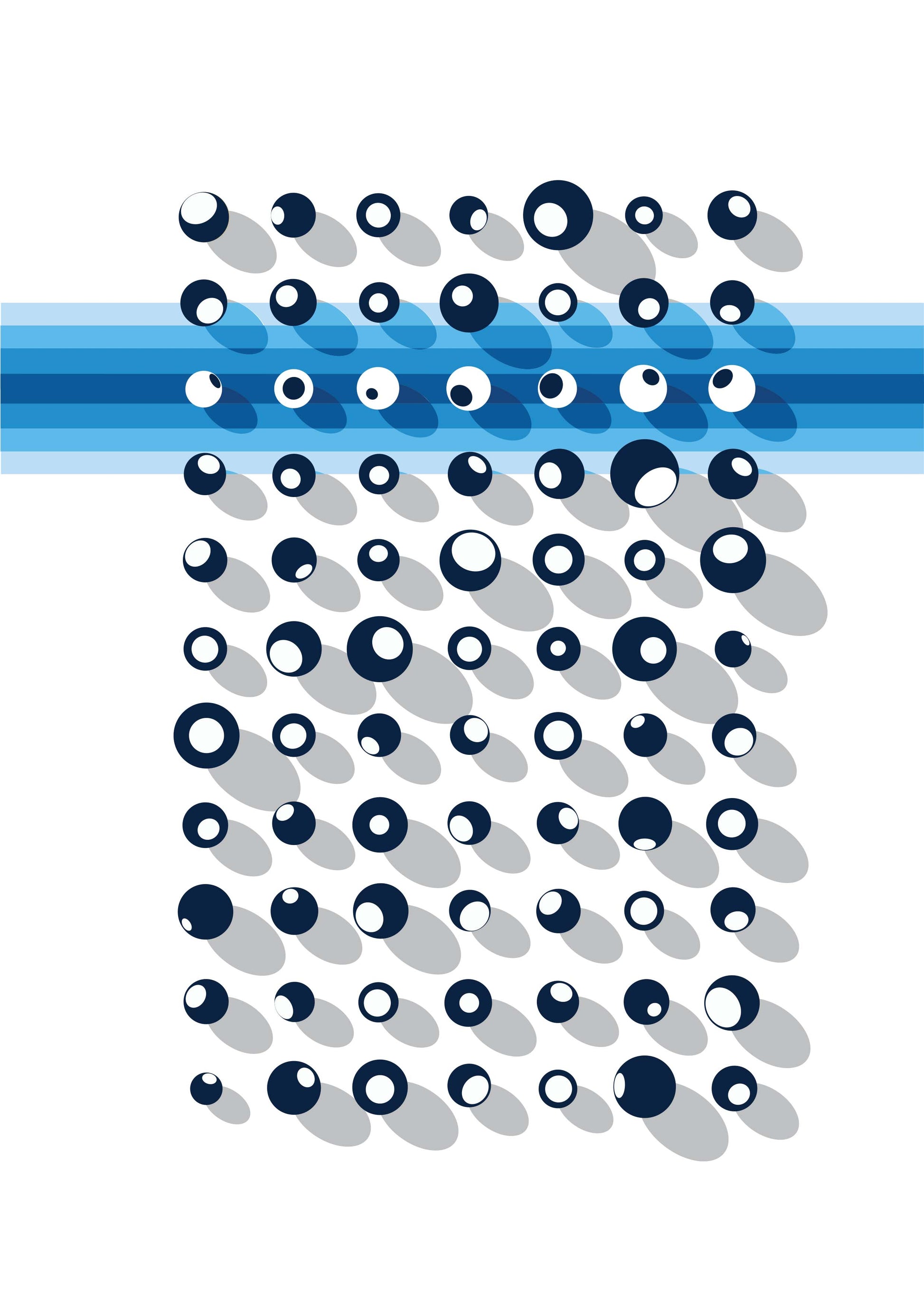 Poster graphique présentant des sphères sur fond avec des bandes bleues