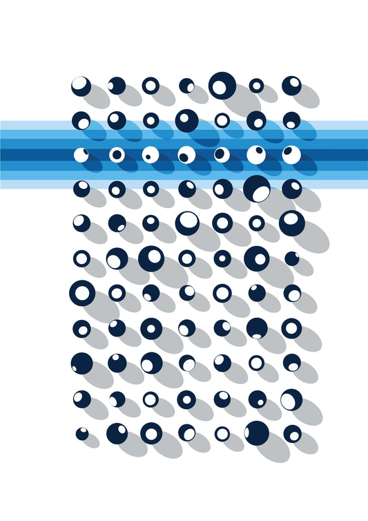 Poster graphique présentant des sphères sur fond avec des bandes bleues