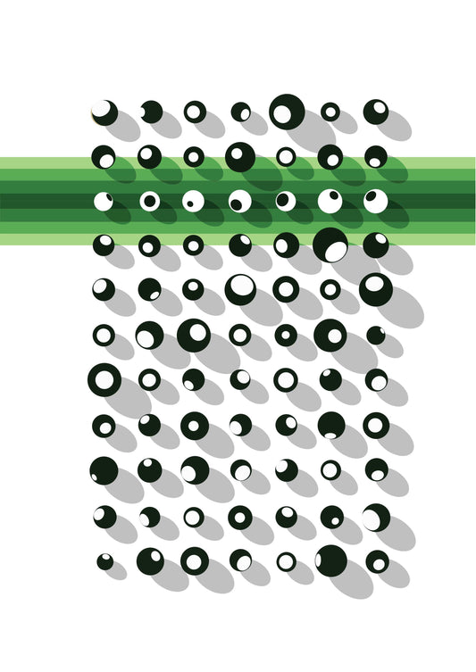 Affiche sphères noires et blanches sur bandeau aux nuances de vert