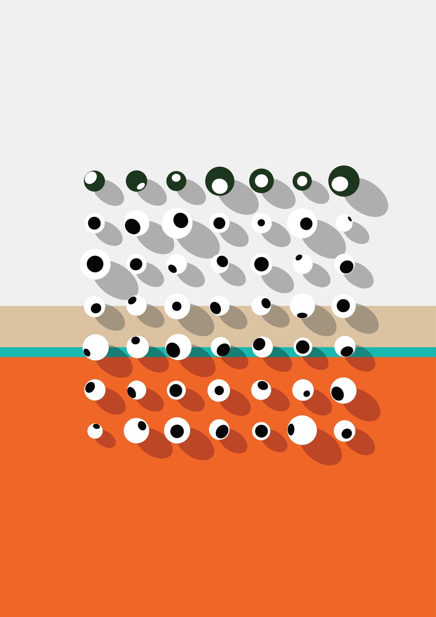 Affiche présentant des sphères sur fond orange, blanc et beige avec une touche de bleu