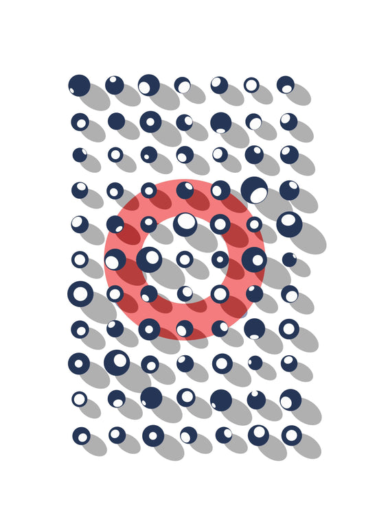 Poster graphique  : sphères, ombres et anneau rouge