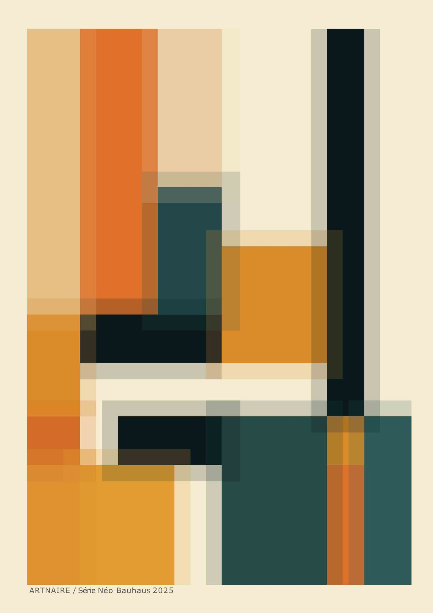 affiche géométrique Bauhaus orange, bleue, noire sur fond beige