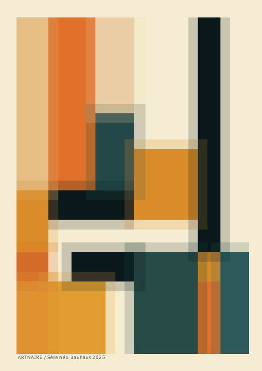 affiche géométrique Bauhaus orange, bleue, noire sur fond beige