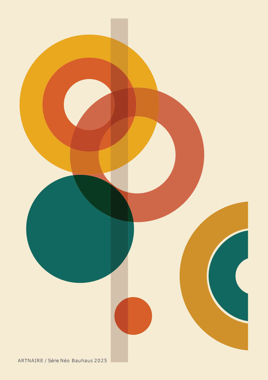 Affiche d'art mural contemporain inspiré du Bauhaus. Cercles ocre, rouge, vert profond