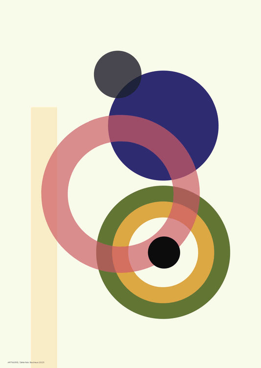 affiche Bauhaus moderne dans les tons bleu outremer, vert olive, rose poudré et ocre doré