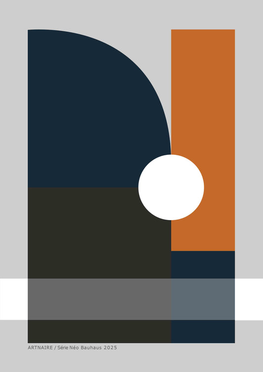 poster géométrique abstrait dans les tons ocre, bleu marine et gris souris