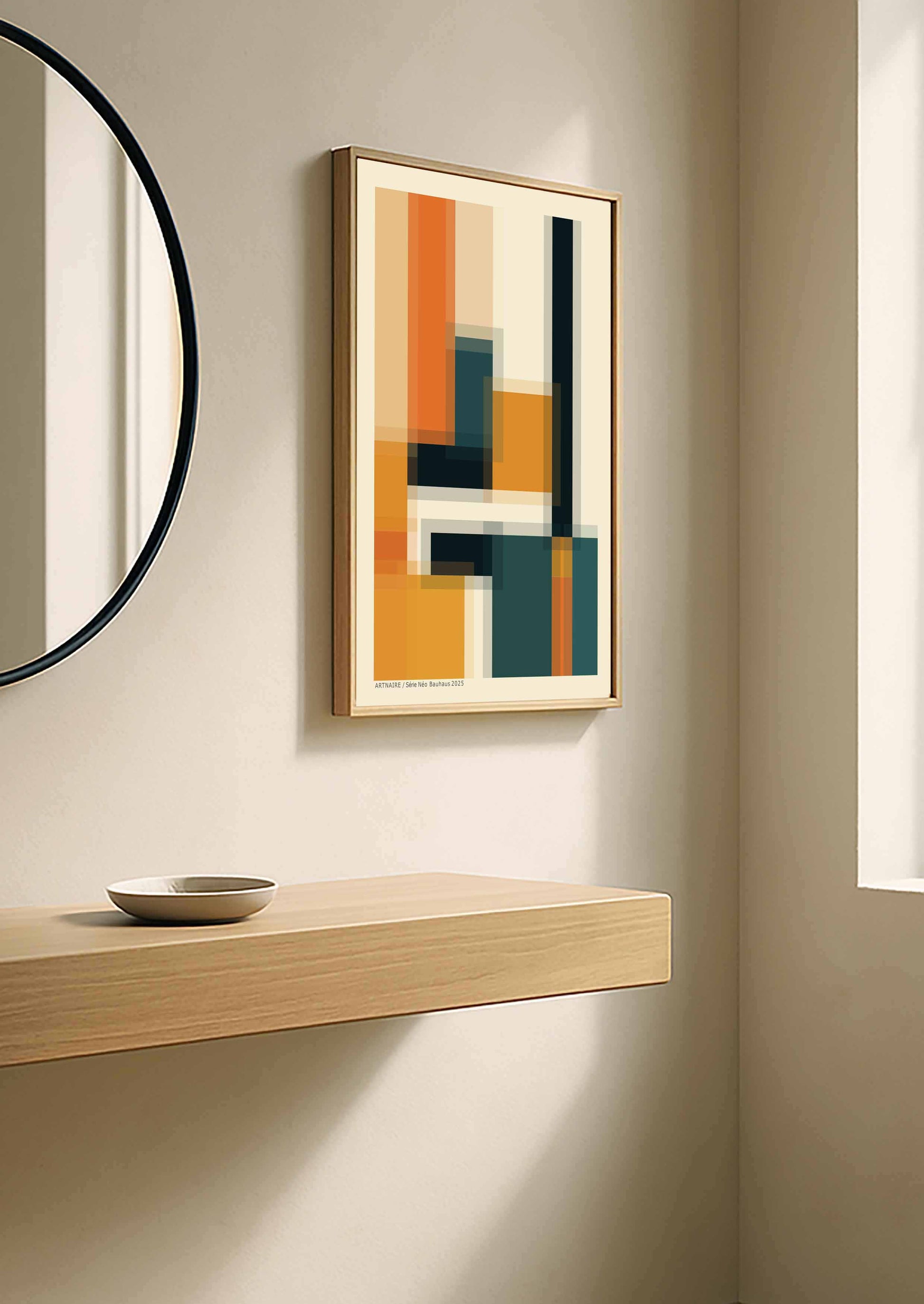 Poster d’art minimaliste graphique dans un intérieur design.