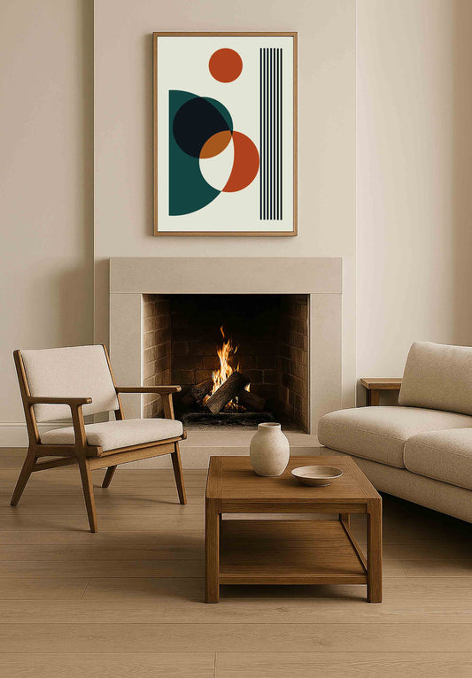 Affiche dans les tons vert profond, noir dense, orange brûlé au dessus d'une cheminée