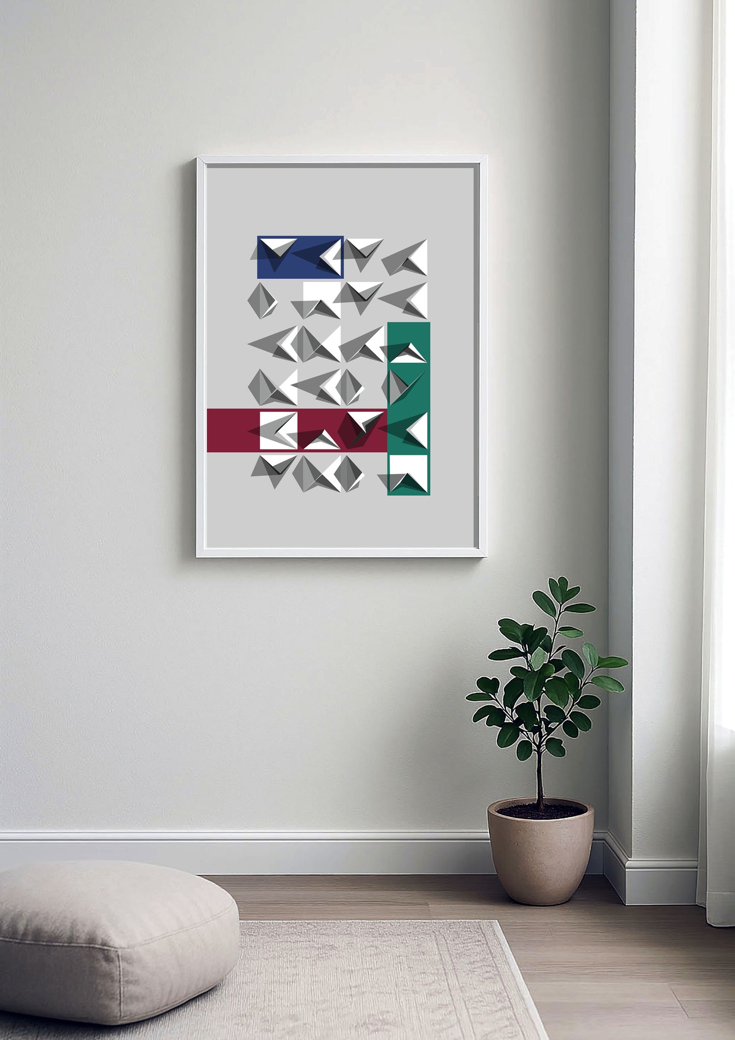 Affiche au design géométrique sur mur blanc