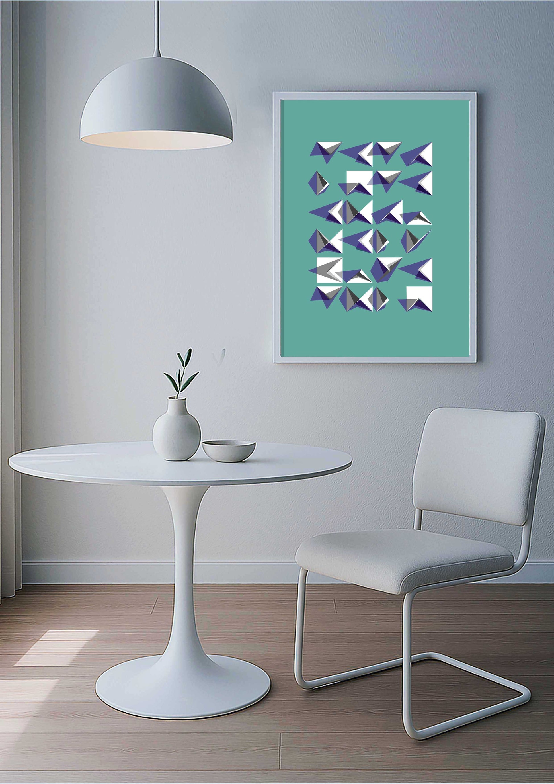 Décoration coin repas. Ameublement blanc et poster sur fond vert