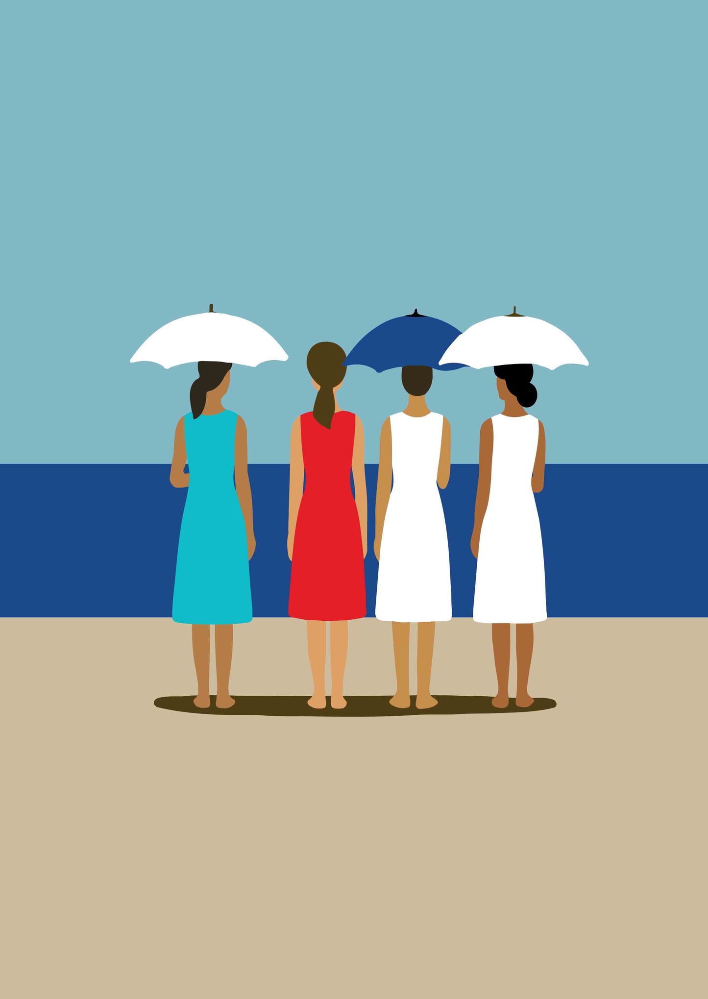 Affiche murale femmes à la plage. Pieds nus, ombrelles et robes 