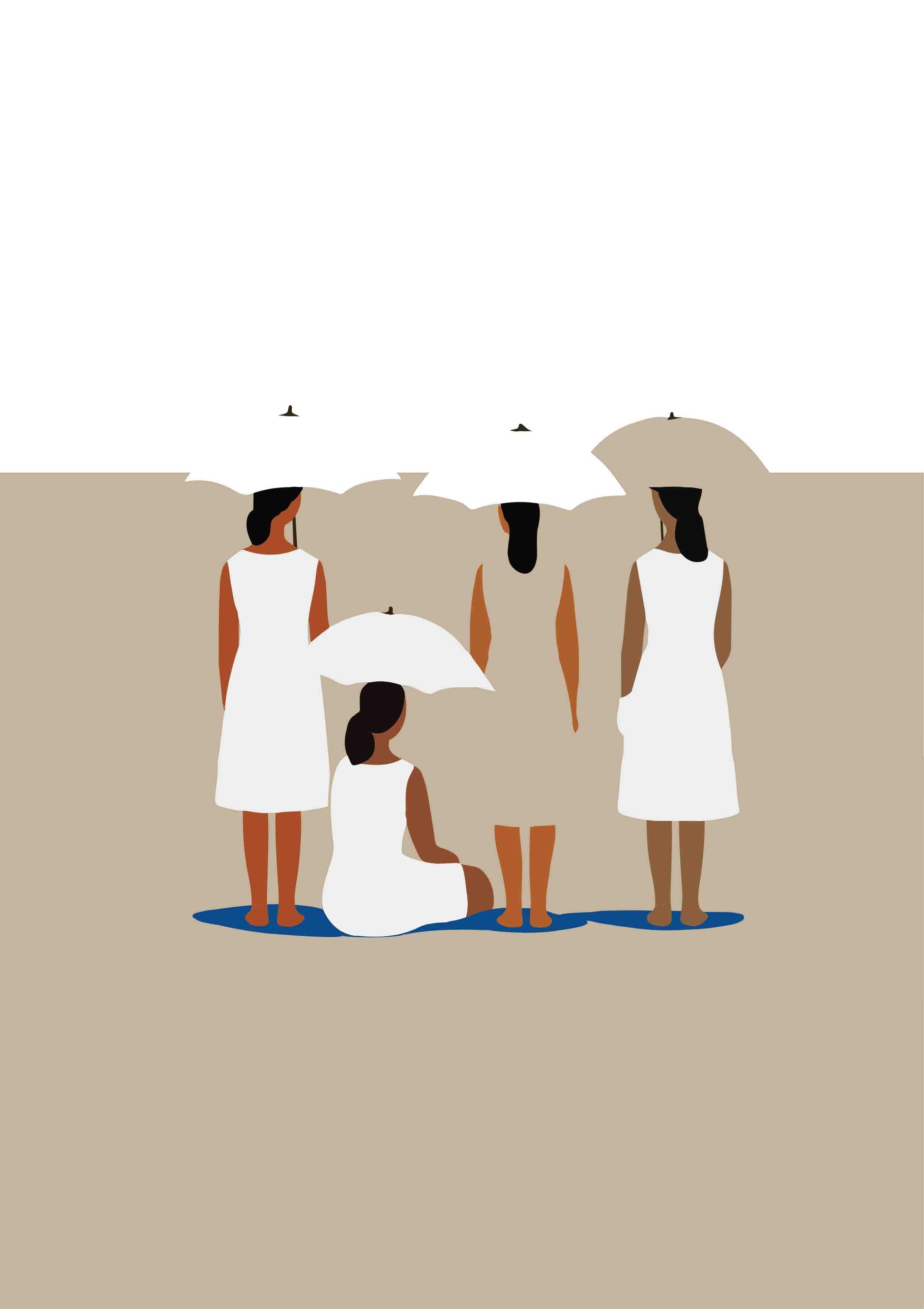 Affiche femmes avec ombrelles regardant l'horizon - art minimaliste