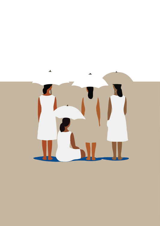 Affiche femmes avec ombrelles regardant l'horizon - art minimaliste