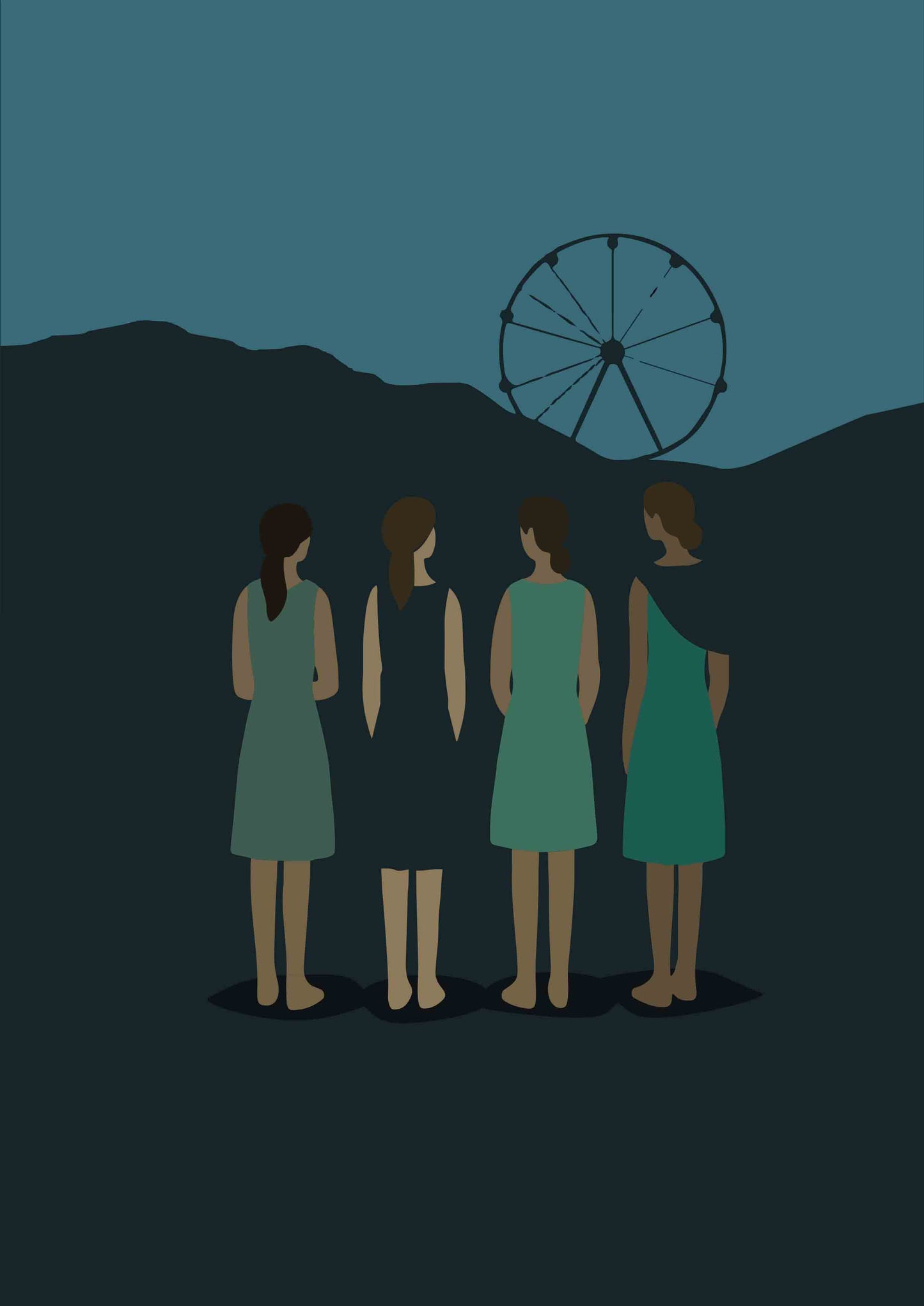 4 femmes de dos dans la nuit, vêtues de robes dans les tons vert  avec en arrière plan une grande roue