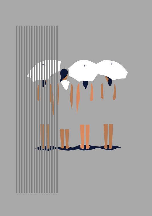 illustration symbolique du silence féminin  dans les tons gris et ombrelles blanches