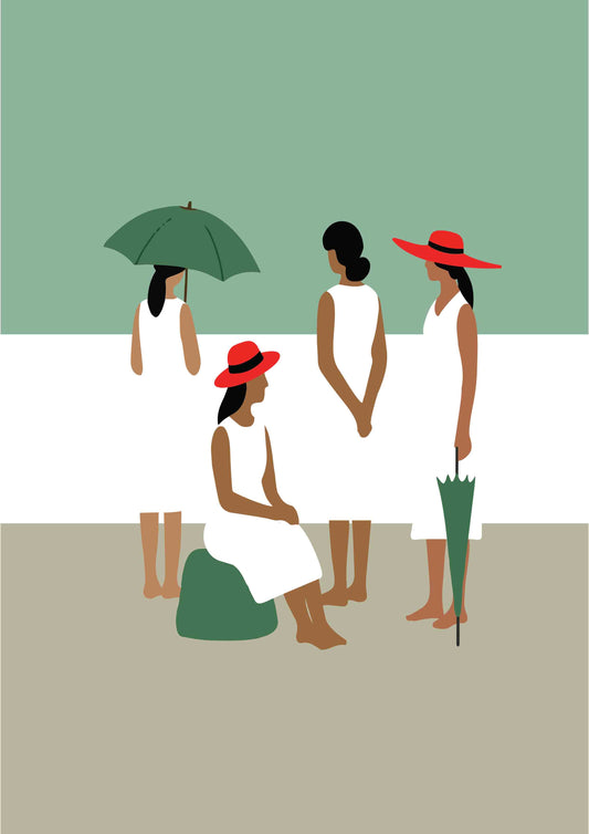 illustration femmes en robes blanches avec chapeau rouge et ombrelles vertes