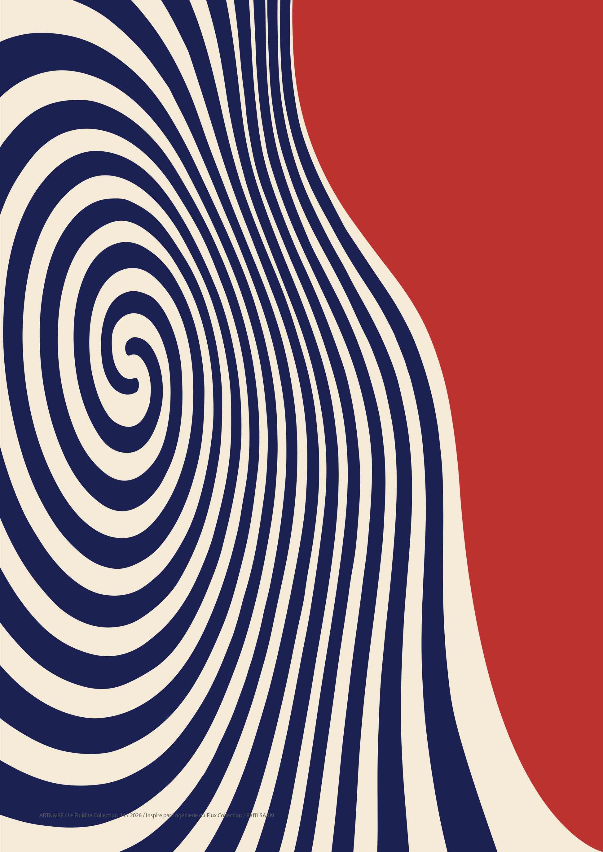 affiche rouge et bleu marine représentant des spirales