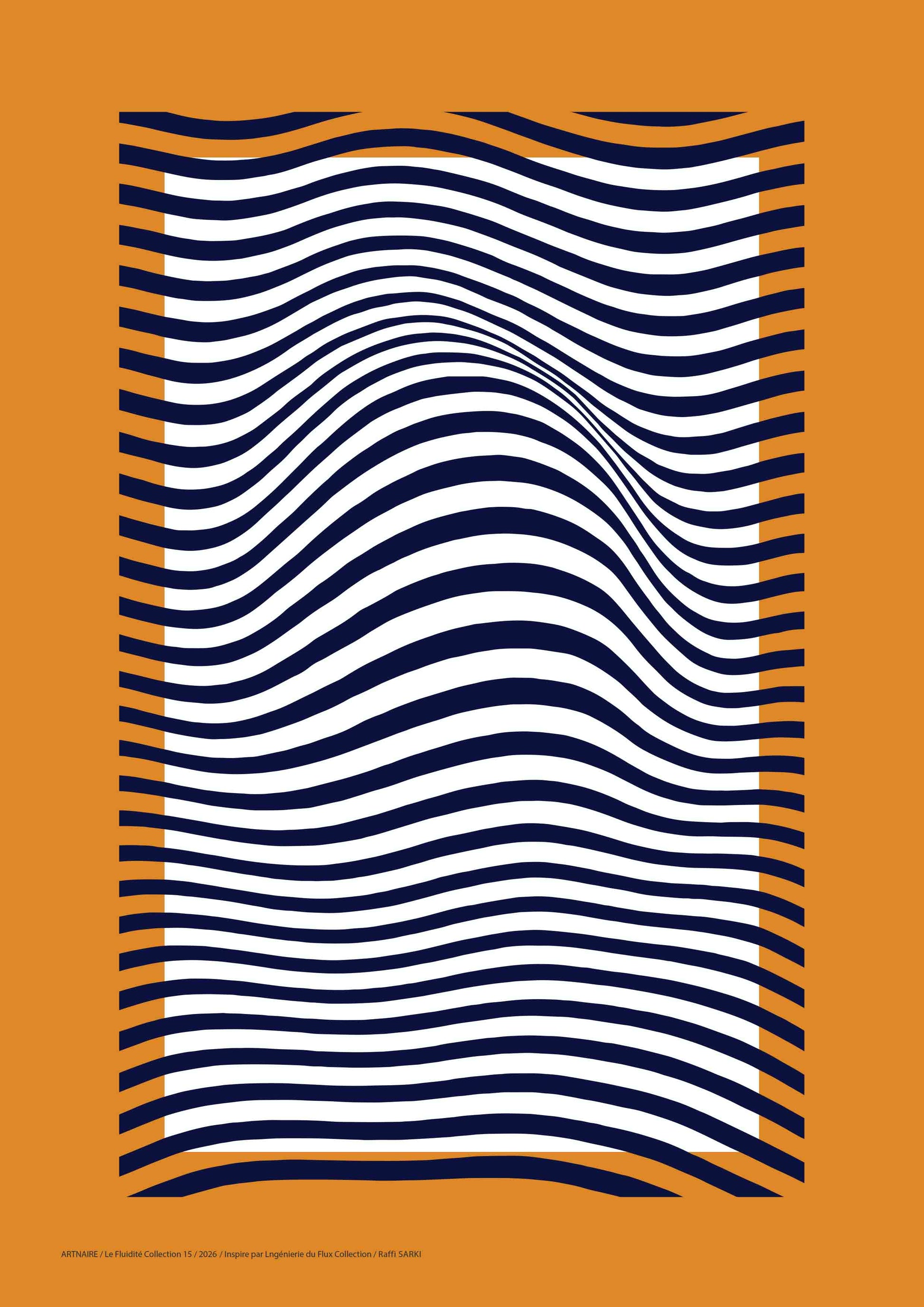 affiche abstraite lignes ondulées bleu profond sur fond blanc et contour orangé