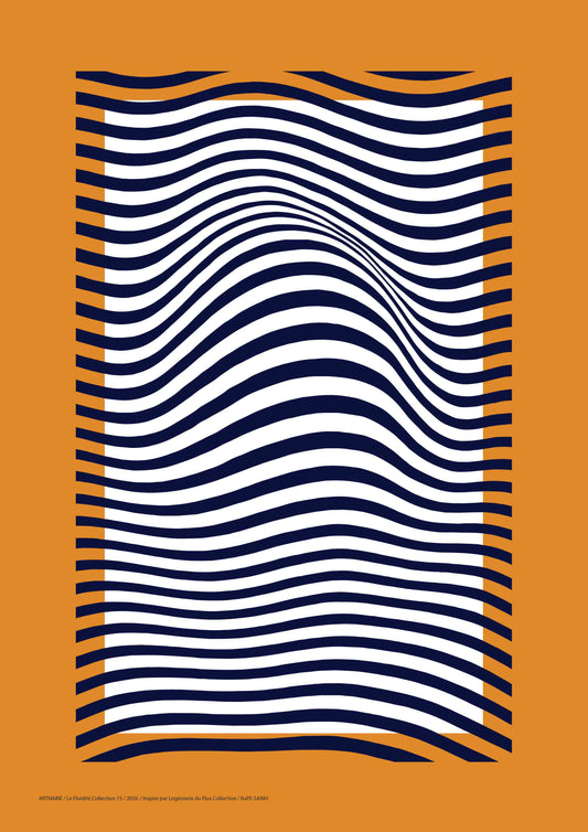 affiche abstraite lignes ondulées bleu profond sur fond blanc et contour orangé